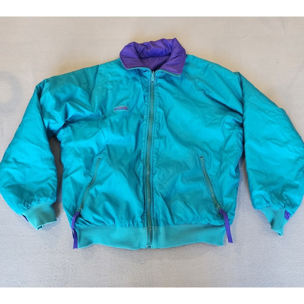 Vintage Columbia Sportswear Reversible Puffer Jacket Made USA Teal Purple Large